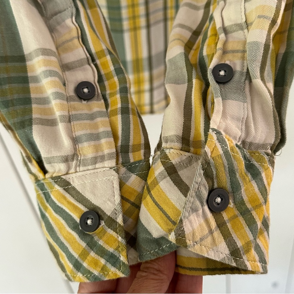 EMS Eastern Mountain Sports Plaid Flannel Shirt Sz S Green Yellow Grunge - Picture 7 of 9